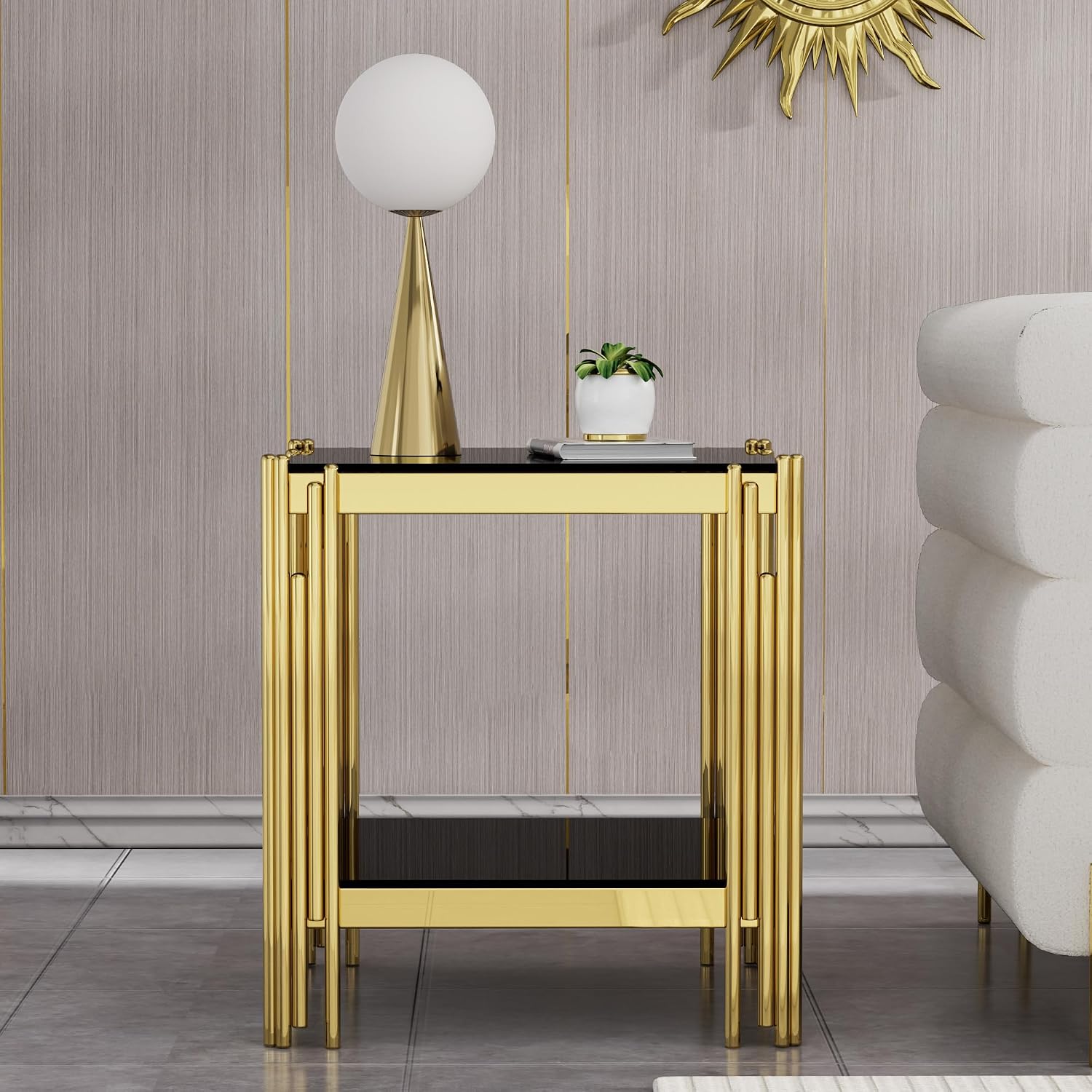 20” Square Glass End Table, 2-Tier Side Table with Black Tempered Glass Top Golden Mirrored Stainless Steel Legs, Modern Luxury Nightstand Bedside Table with Lower Shelf for Living Room