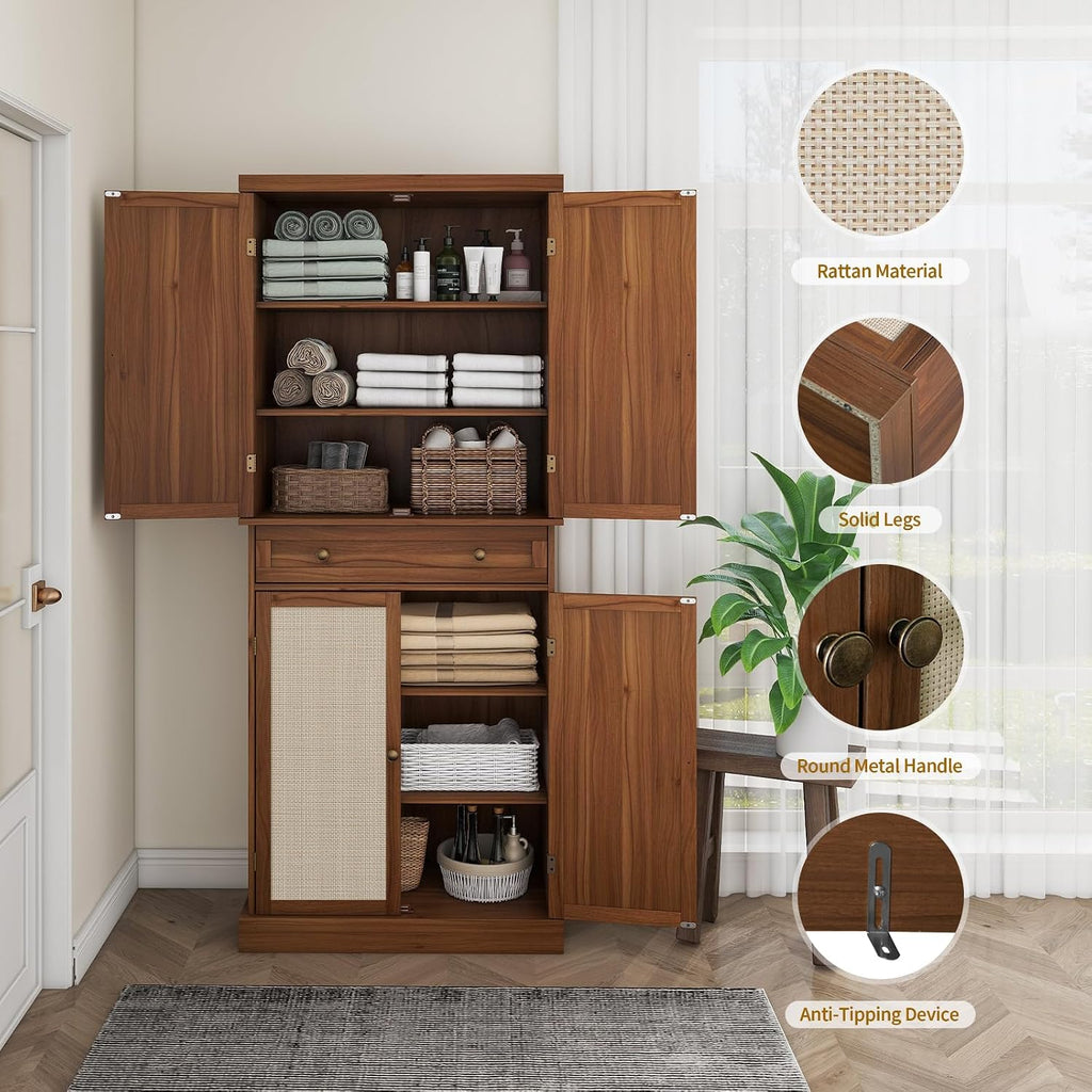 72" Kitchen Pantry Cabinet with Rattan Doors, Tall Pantry Storage Cabinet with 4 Adjustable Shelves & Large Central Drawer, Boho Cupboard for Kitchen, Dining Room, Living Room, Walnut