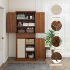 72" Kitchen Pantry Cabinet with Rattan Doors, Tall Pantry Storage Cabinet with 4 Adjustable Shelves & Large Central Drawer, Boho Cupboard for Kitchen, Dining Room, Living Room, Walnut