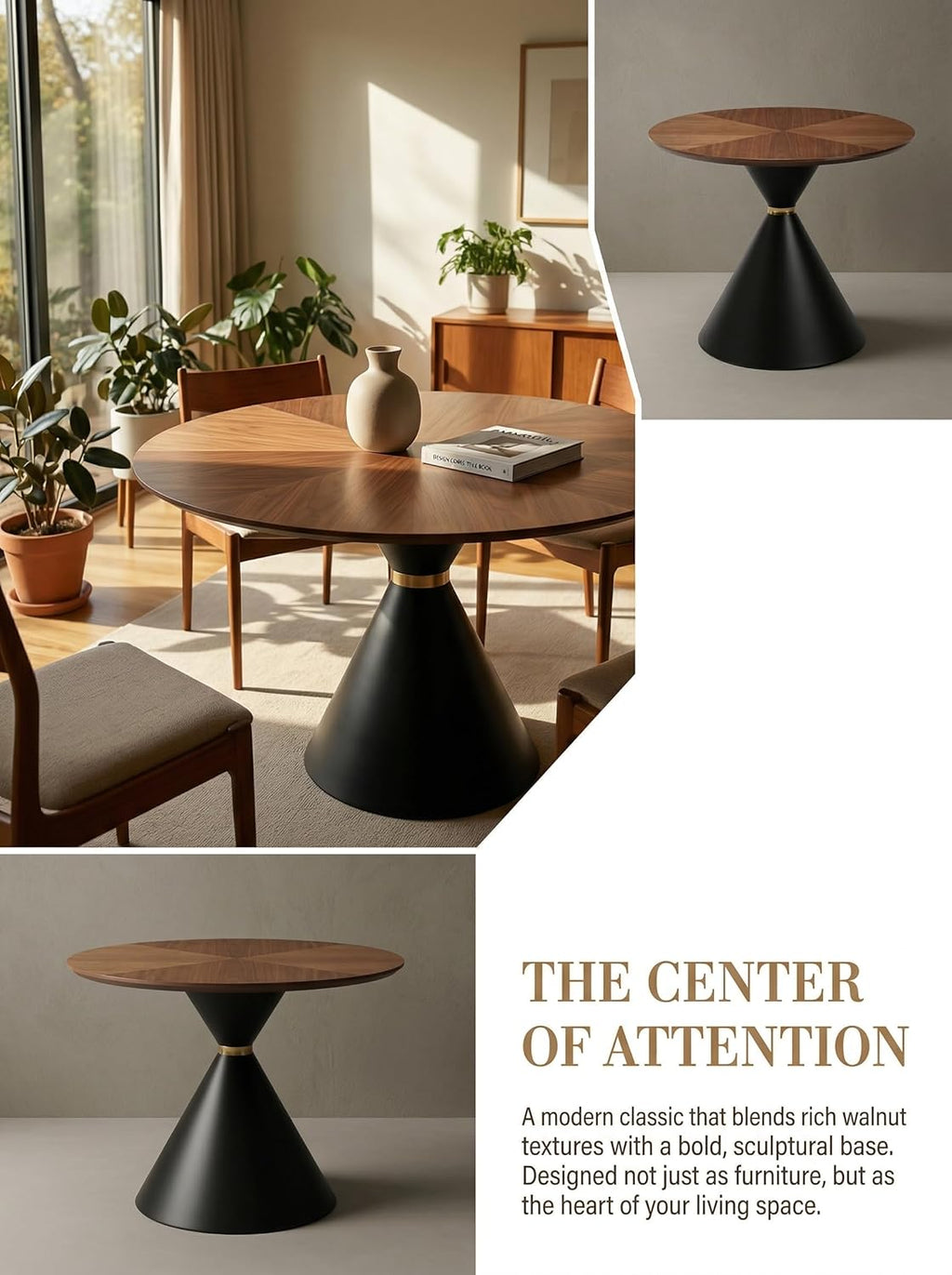 HNY Round Dining Table, 37.5" Modern Coffee Table with Walnut Inlay Tabletop & Matte Black Hourglass Base, Small Accent Table Compact Tables for Living Room, Bedroom, Balcony, Small Space