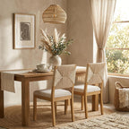 Dining Chairs Set of 4, Modern Farmhouse Dining Room Chairs with Rope Woven Square Back, Linen Upholstered Seat & Solid Wood Frame, Sillas de Comedor, Boho Kitchen & Dining Room Chairs (Beige, 4Pcs)