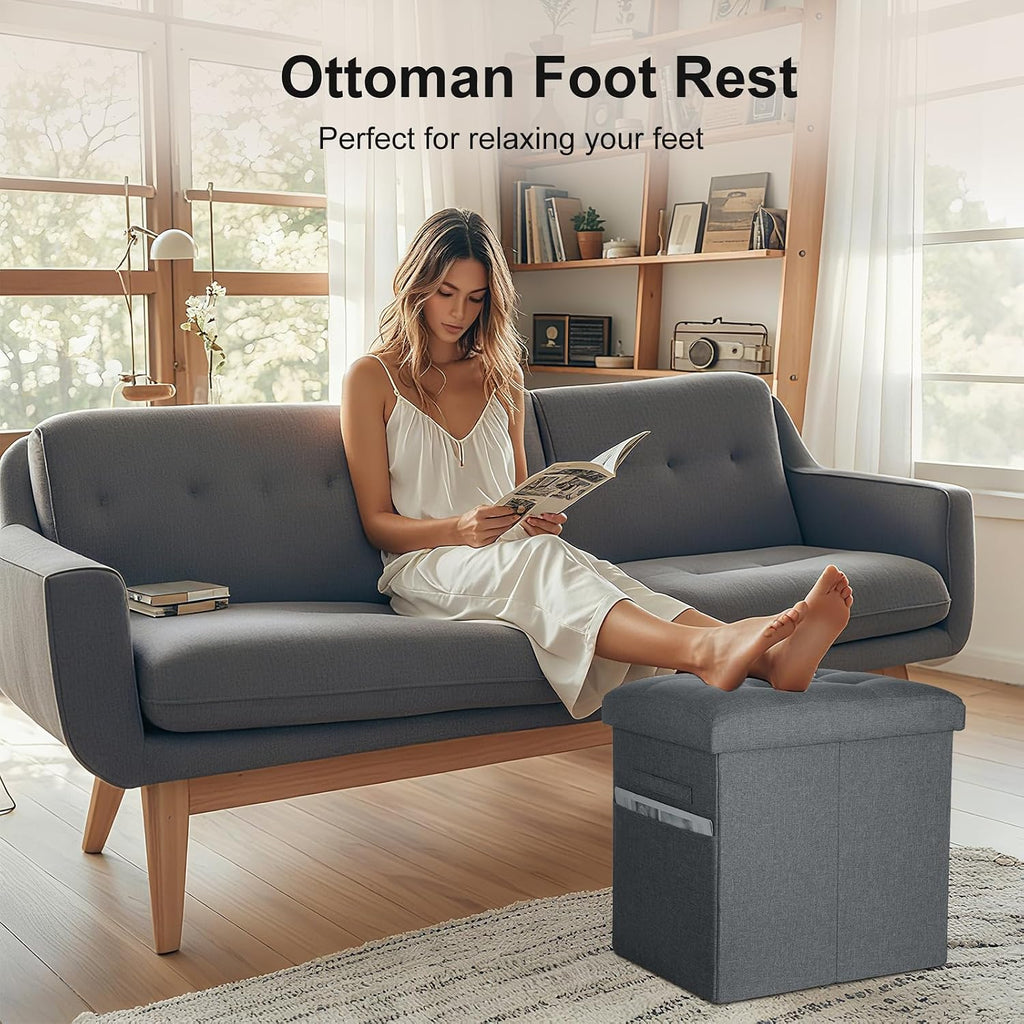 Storage Ottoman, Upgraded 17" High Foot Stools Ottoman for Dorm, Dark Gray | Folding Linen Foot Rest with Thicker Foam Padded Seat. Small Ottoman for Living Room with Side Pocket & Handles, 17x13x17in