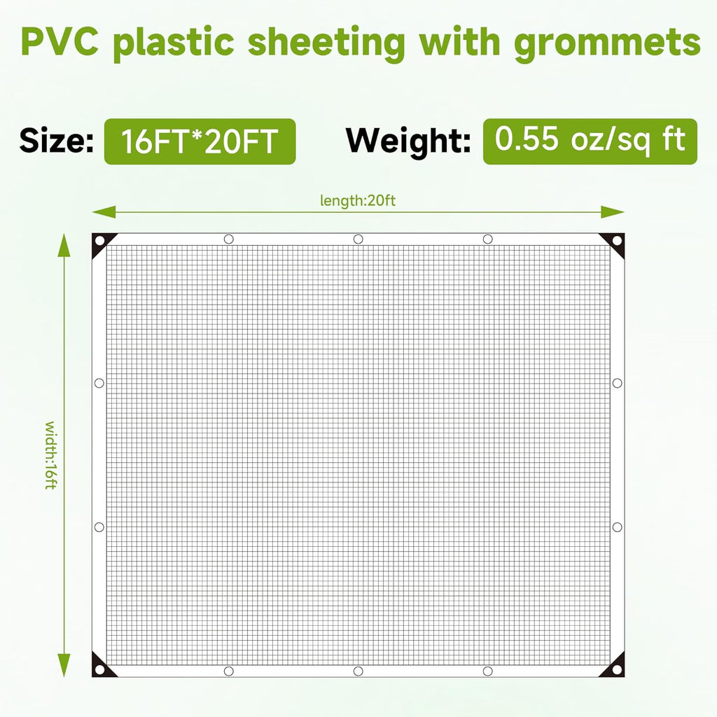 16Ftx20Ft Greenhouse Cover,Clear Plastic Tarps,16Mil Heavy Duty Waterproof tarp with UV Resistance and Grommets,Greenhouse Plastic for Gardening,Farming,Nursery,Garden