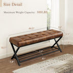 LUE BONA 44.5” End of Bed Bench with Shelf, Linen Tufted Upholstered Storage Shoe Bench, Modern Bedroom Bench with Metal Legs for Living Room, Entryway, Dining Room, 300 LB, Yellowish Brown