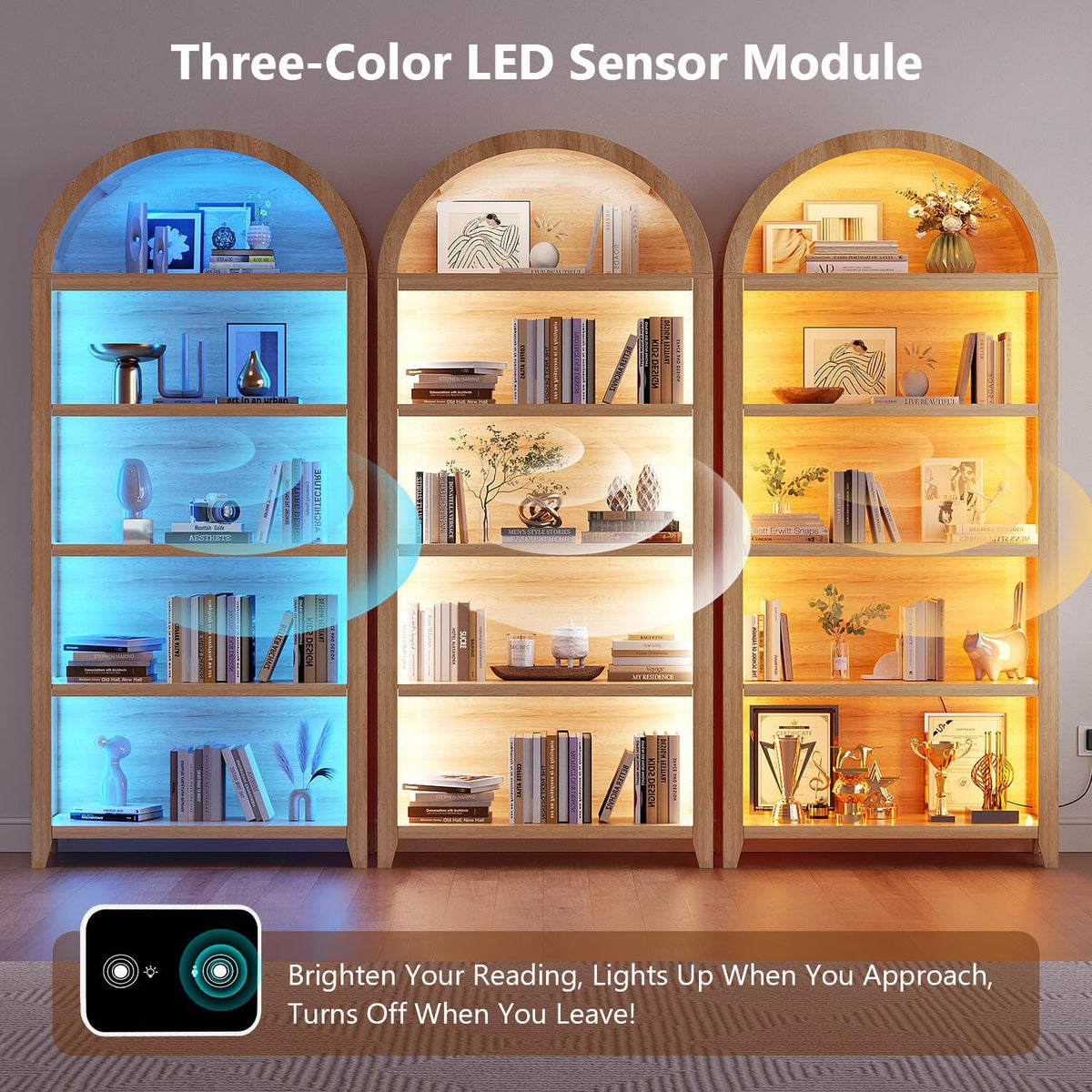 Arched Bookshelf with 5 Tiers and 3-Color LED Sensor Lights - Wood