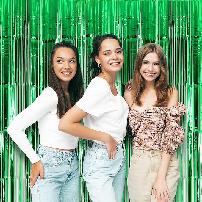2 Pack Green Foil Fringe Backdrop Curtains, Tinsel Streamers Birthday Party Decorations, Fringe Backdrop for Graduation, Baby Shower, Gender Reveal, Disco Party