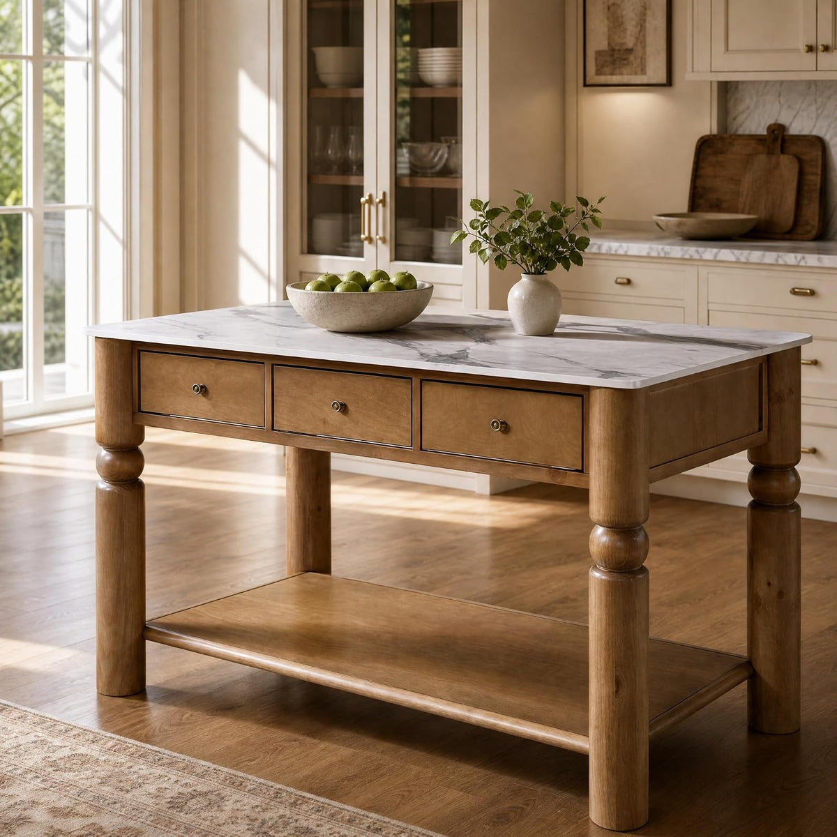 Christopher Knight Home Athen Wooden Kitchen Island with Storage & Marble-Look Tabletop, Island Table for Kitchen, Turned Ball Legs, Storage Cabinet with Drawers + Open Shelf, Walnut + White