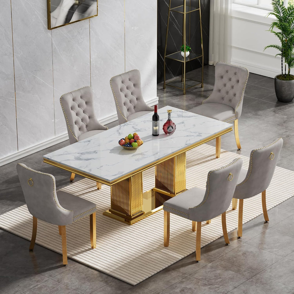 Marble Dining Table Set for 6, Rectangular 68.11" Dining Room Table with 6 Gray Dining Chairs, White&Gold Dining Table with Faux Marble Top, Large Dining Table and Chairs Set for Home Furniture