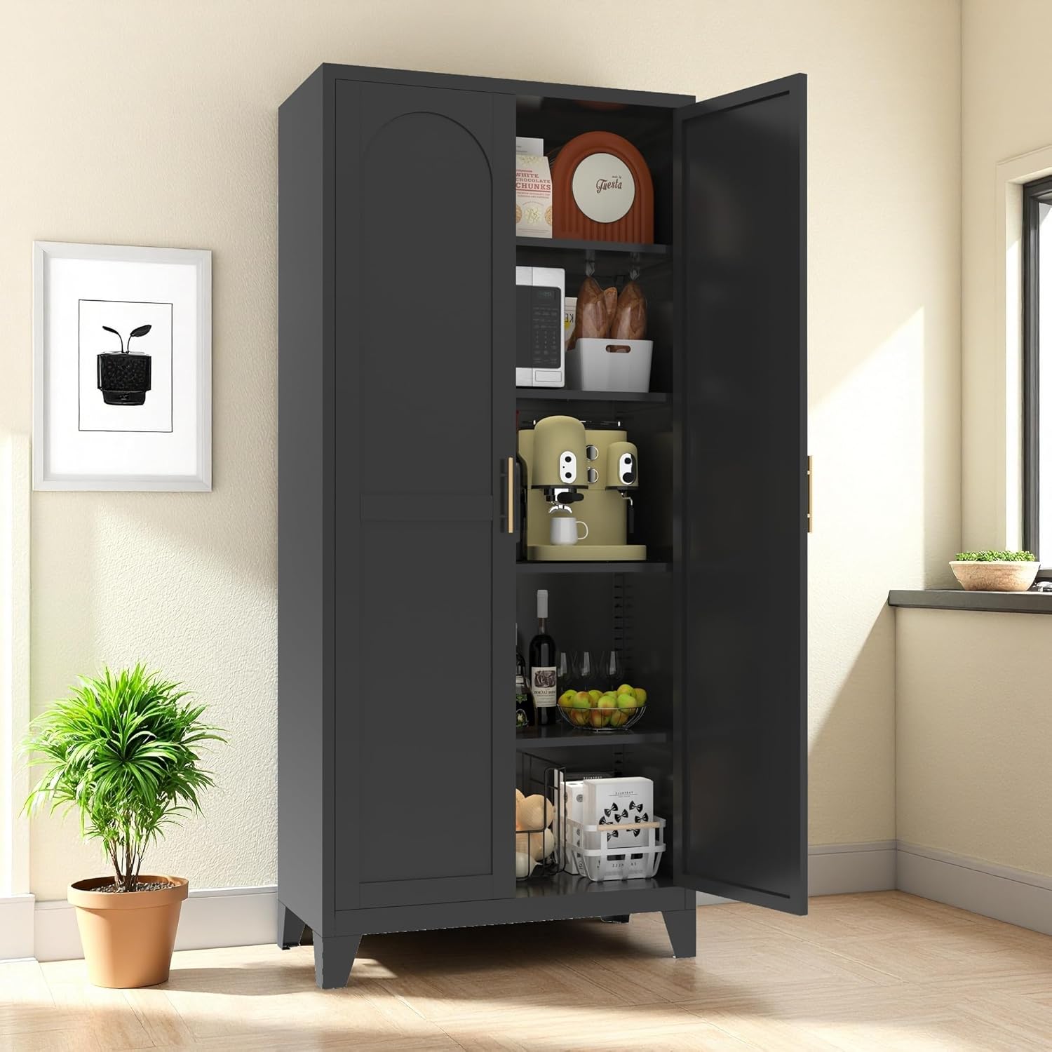 RYH Metal Pantry Cabinet with Doors & 3/4 Shelves, Kitchen Storage Cabinet, Large White Utility Cupboard for Kitchen, Dining Room, Office, Living Room (Black, 70.87" H×31.5" W×15.7" D)