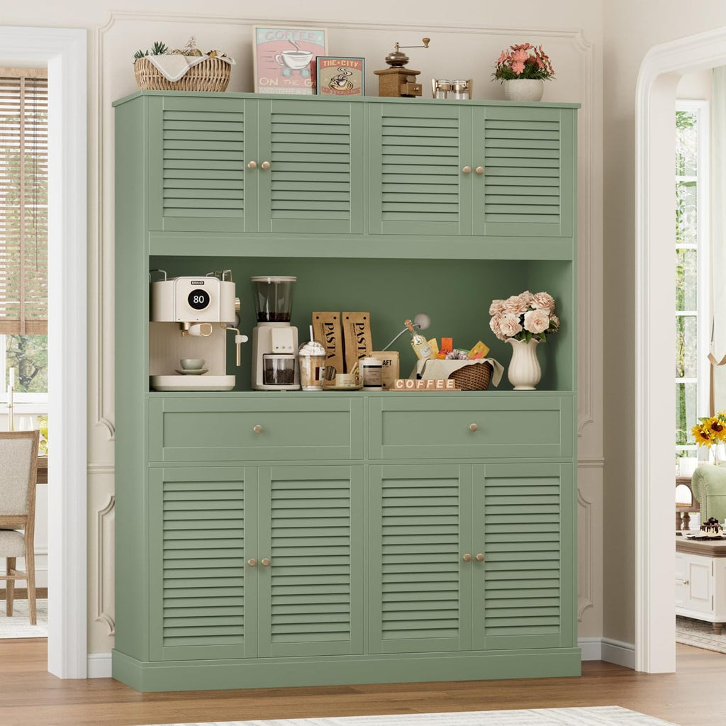 HIFIT 71“HX55“W Large Pantry Cabinet for Food Storage, Farmhouse Kitchen Hutch with Storage Drawers, Tall Kitchen Pantry Cabinet with Microwave Stand for Dining Living Room, Green