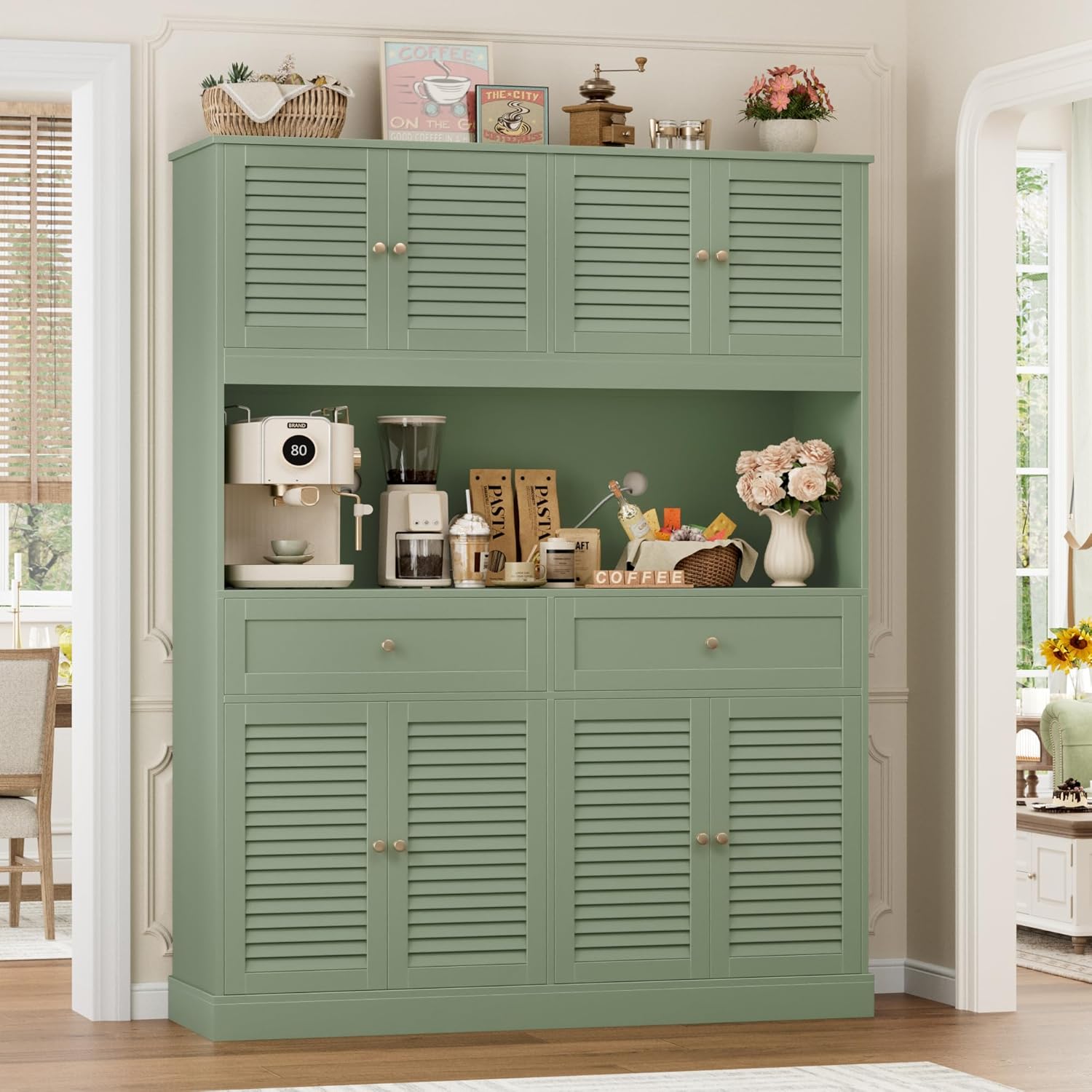 HIFIT 71“HX55“W Large Pantry Cabinet for Food Storage, Farmhouse Kitchen Hutch with Storage Drawers, Tall Kitchen Pantry Cabinet with Microwave Stand for Dining Living Room, Green