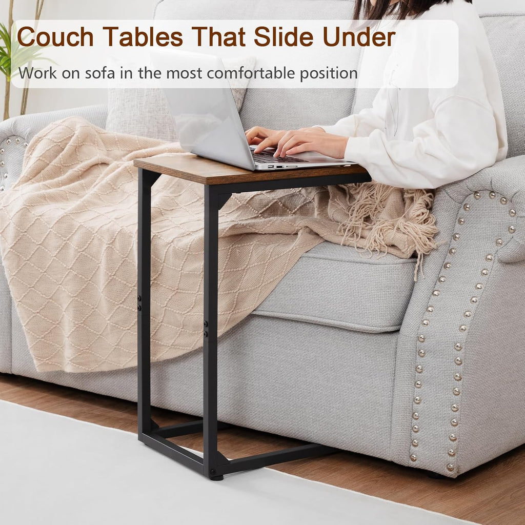 AMHANCIBLE C Shaped End Table Set of 2, Couch Side Table that Slide Under Sofa, Narrow Small Space TV Trays for Living Room, Bedroom, Rustic Brown HET02CBR