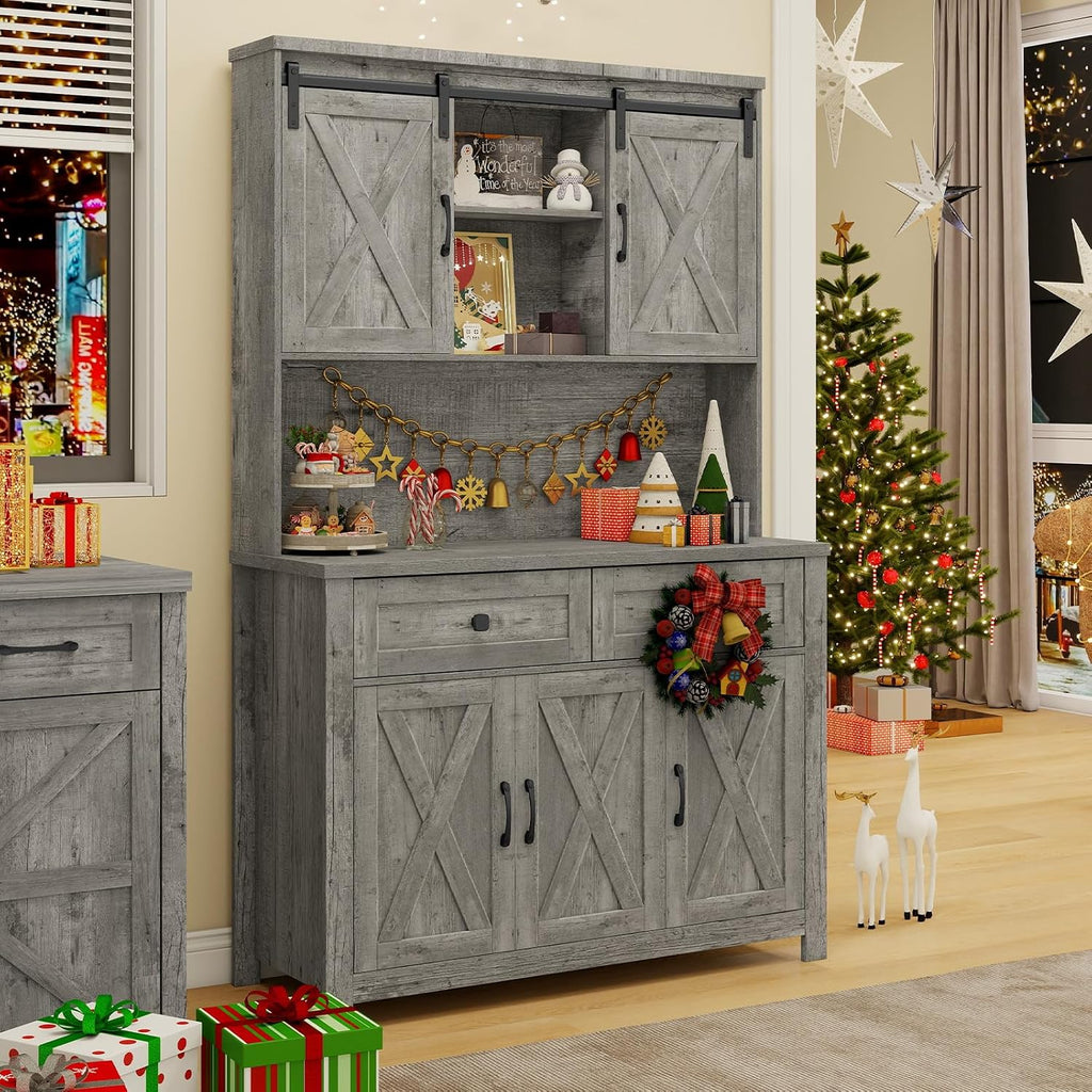 Vabches 67.7 Inch Farmhouse Pantry Storage Cabinet with Sliding Barn Doors, 2 Drawer Farmhouse Coffee Cabinet with Adjustable Shelf, Side Board with Buffet Cupboard for Kitchen, Livingroom.Gray