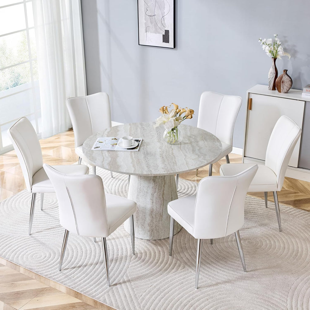 Faux Marble Round Dining Table for 4-6, 45" Modern Farmhouse Round Kitchen Table with 1" Thickened Wood Top & Stable Pedestal for Dining Room,Living Room,Apartment,Restaurant(Beige)