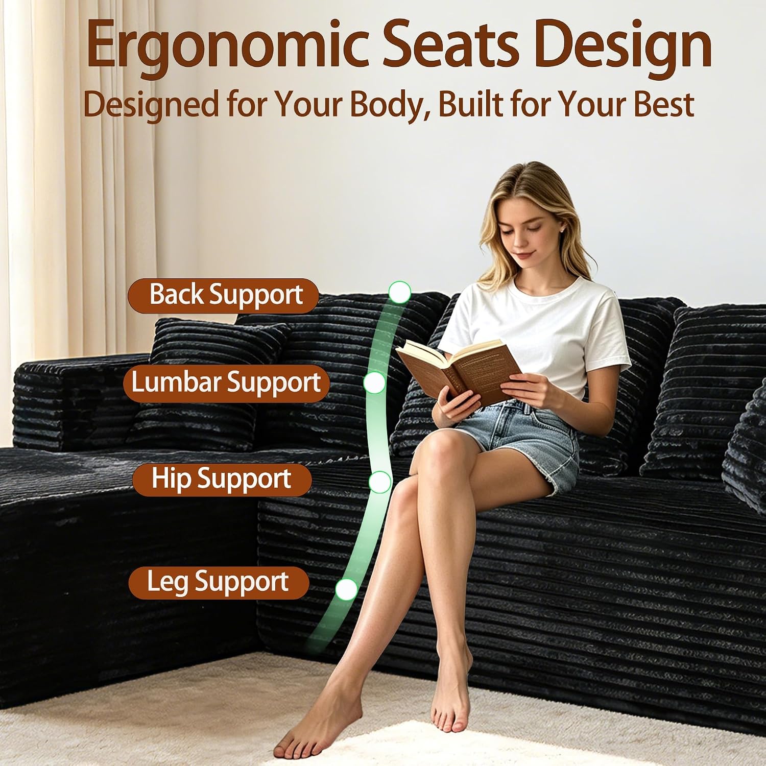 93" Couch for Living Room, Black, Left Facing Chaise | Corduroy L-Shape Couch with Chaise & Deep Seat, 30D Memory Foam, Modular Sectional Sofa for Small Space, No-Assembly