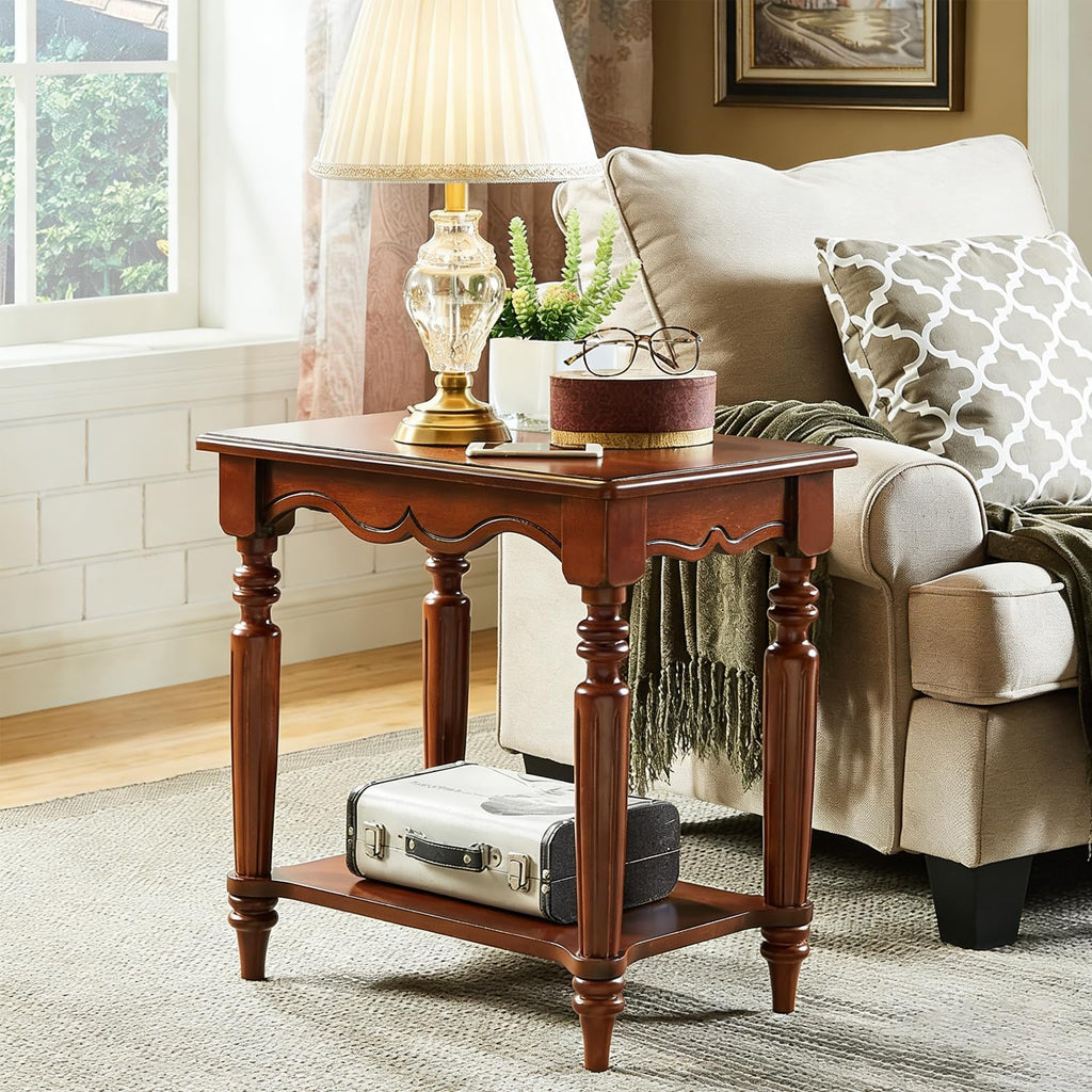 YUNMUAIR-2-Tier Side Table,Vintage Rectangle Sofa Side Tables,Mid Century Accent Bedside Tables with Shelf,Solid Wood End Table for Living Room Bedroom