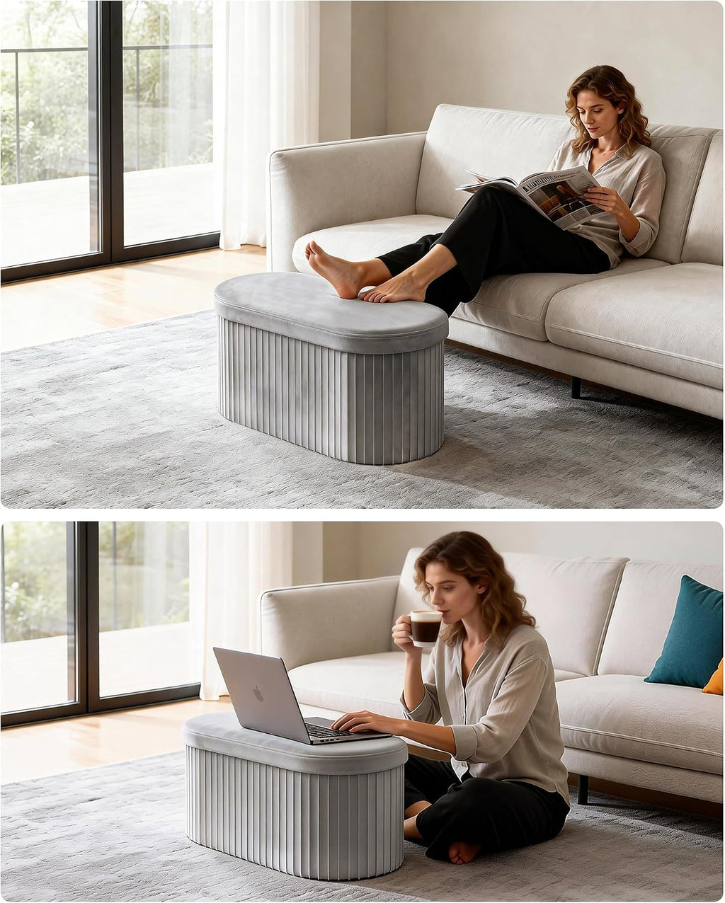 GLAXYFUR Folding Storage Ottoman, Velvet Upholstered Foot Rest, 30 Inches Oval Storage Bench for Bedroom, Living Room & Entryway (Light Grey)