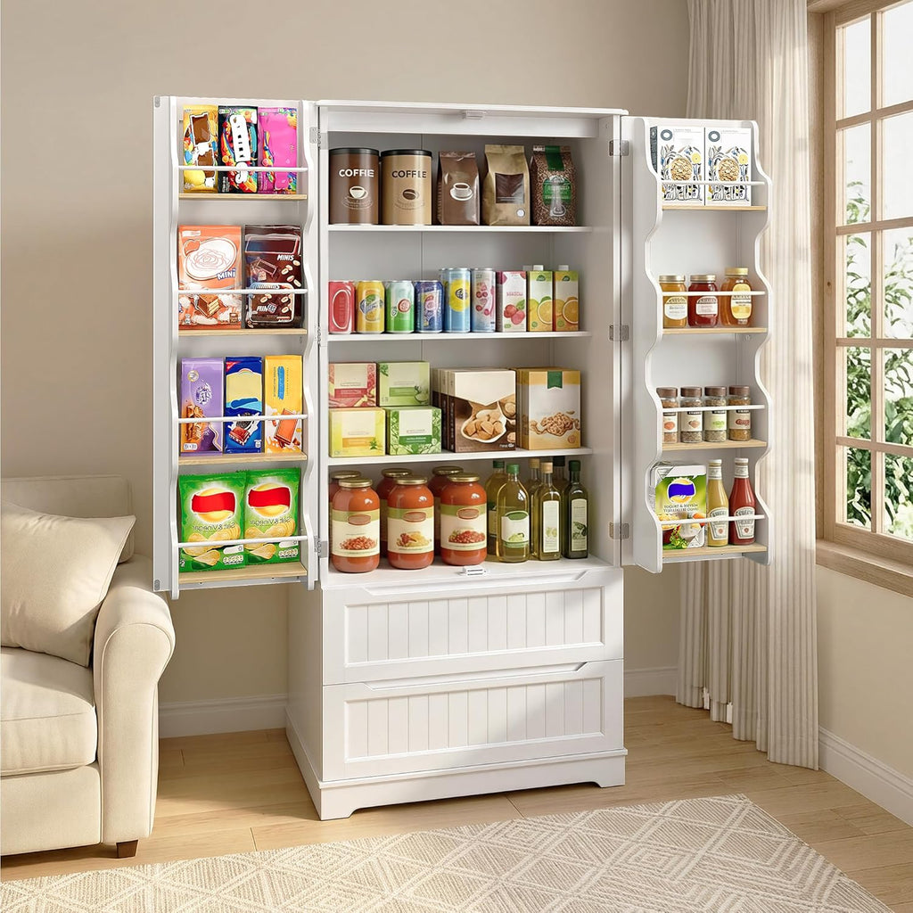 Gizoon 71" Tall Kitchen Pantry Cabinet with Drawers for Dining Room, Food Pantry Storage Cabinet with 8 Doors Shelves for Snack and Spice, Large Craft Storage Cabinet for Craft Room, White, Painted