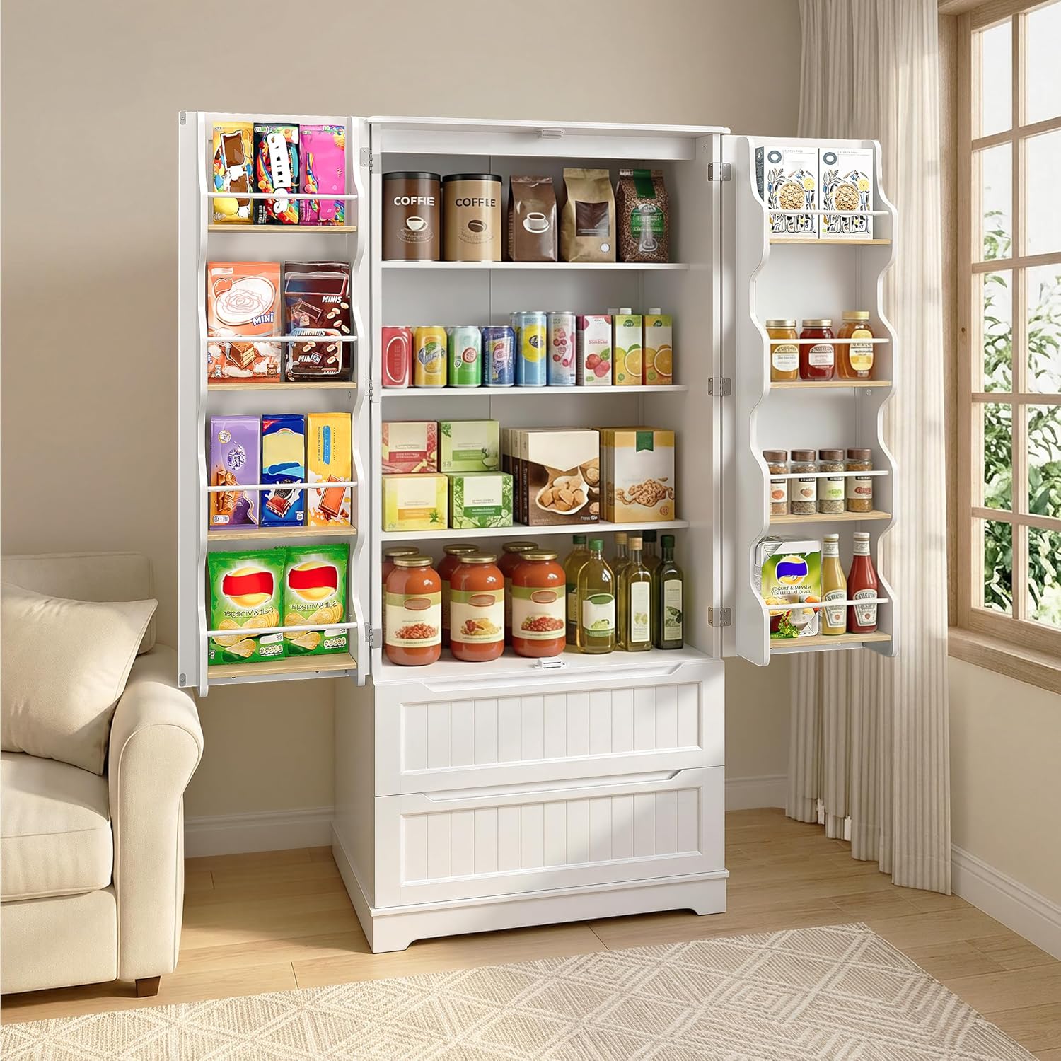 Gizoon 71" Tall Kitchen Pantry Cabinet with Drawers for Dining Room, Food Pantry Storage Cabinet with 8 Doors Shelves for Snack and Spice, Large Craft Storage Cabinet for Craft Room, White, Painted