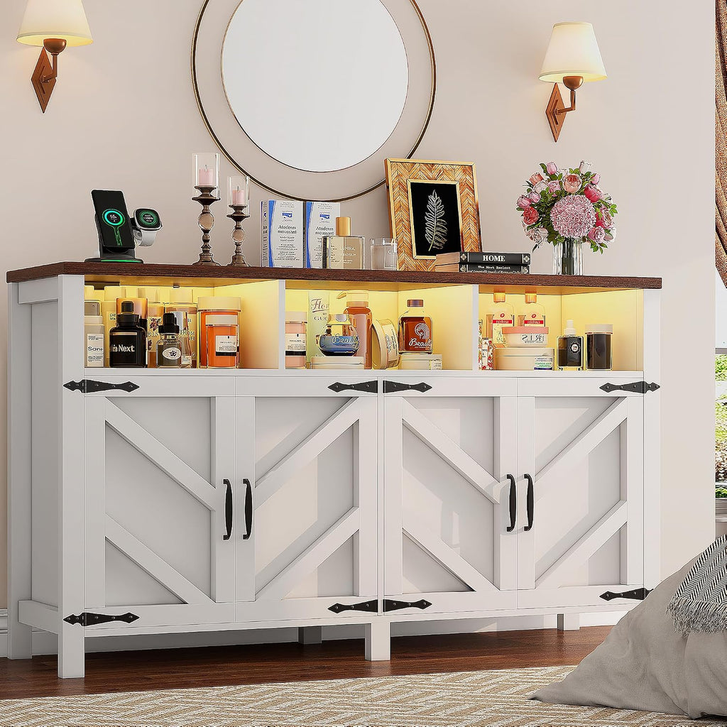 knoworld Buffet Sideboard with Storage with Power Outlets & LED Light 4 Doors, 55'' Large Farmhouse Kitchen Storage Cabinet Wood Coffee Bar Cabinet Buffet Table for Kitchen, Dining Room,55"W White LED