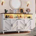 knoworld Buffet Sideboard with Storage with Power Outlets & LED Light 4 Doors, 55'' Large Farmhouse Kitchen Storage Cabinet Wood Coffee Bar Cabinet Buffet Table for Kitchen, Dining Room,55"W White LED