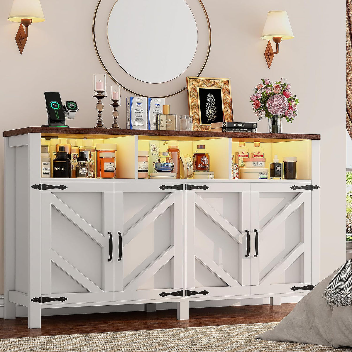 knoworld Buffet Sideboard with Storage with Power Outlets & LED Light 4 Doors, 55'' Large Farmhouse Kitchen Storage Cabinet Wood Coffee Bar Cabinet Buffet Table for Kitchen, Dining Room,55"W White LED