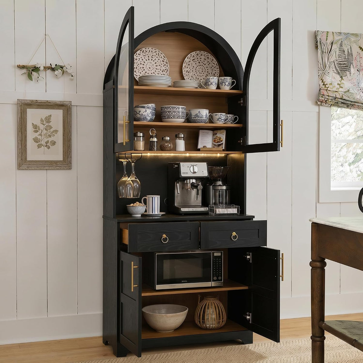 74.8" Tall Arched Kitchen Pantry with Power Outlet & LED Light, Kitchen Storage Hutch with Adjustable Shelves, Tall Cupboard for Dining Room, Bathroom (Black-TA)