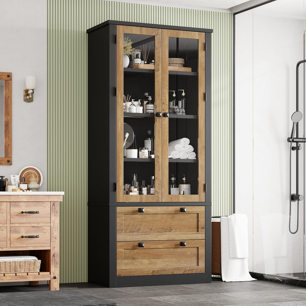 71" Tall Kitchen Pantry Cabinet - Modern Display Storage Cabinet with 2 Large Drawers, Glass Doors, and Adjustable Shelves, Kitchen Cupboard for Dining Room, Bathroom, Living Room, Black + Brown