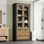 71" Tall Kitchen Pantry Cabinet - Modern Display Storage Cabinet with 2 Large Drawers, Glass Doors, and Adjustable Shelves, Kitchen Cupboard for Dining Room, Bathroom, Living Room, Black + Brown