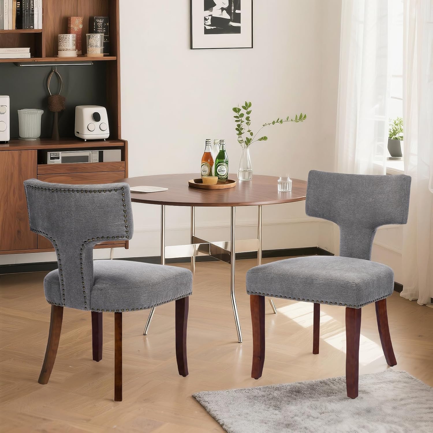 Dining Chair Set of 2 Linen Fabric Curved Backrest Farmhouse Mid Century Accent Upholstered Kitchen Chairs with Wood Legs and Foot Pad for Dining Room/Living Room/Restaurant,Grey