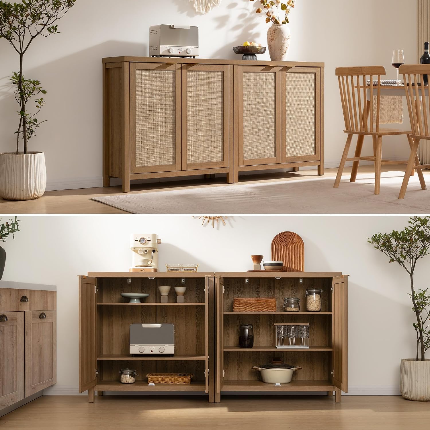 SICOTAS Sideboard Buffet Cabinet with Large Storage - Boho Rattan Credenza Coffee Bar Cabinets with Adjustable Shelves, Buffet Console Table for Kitchen Living Room Hallway - Oak