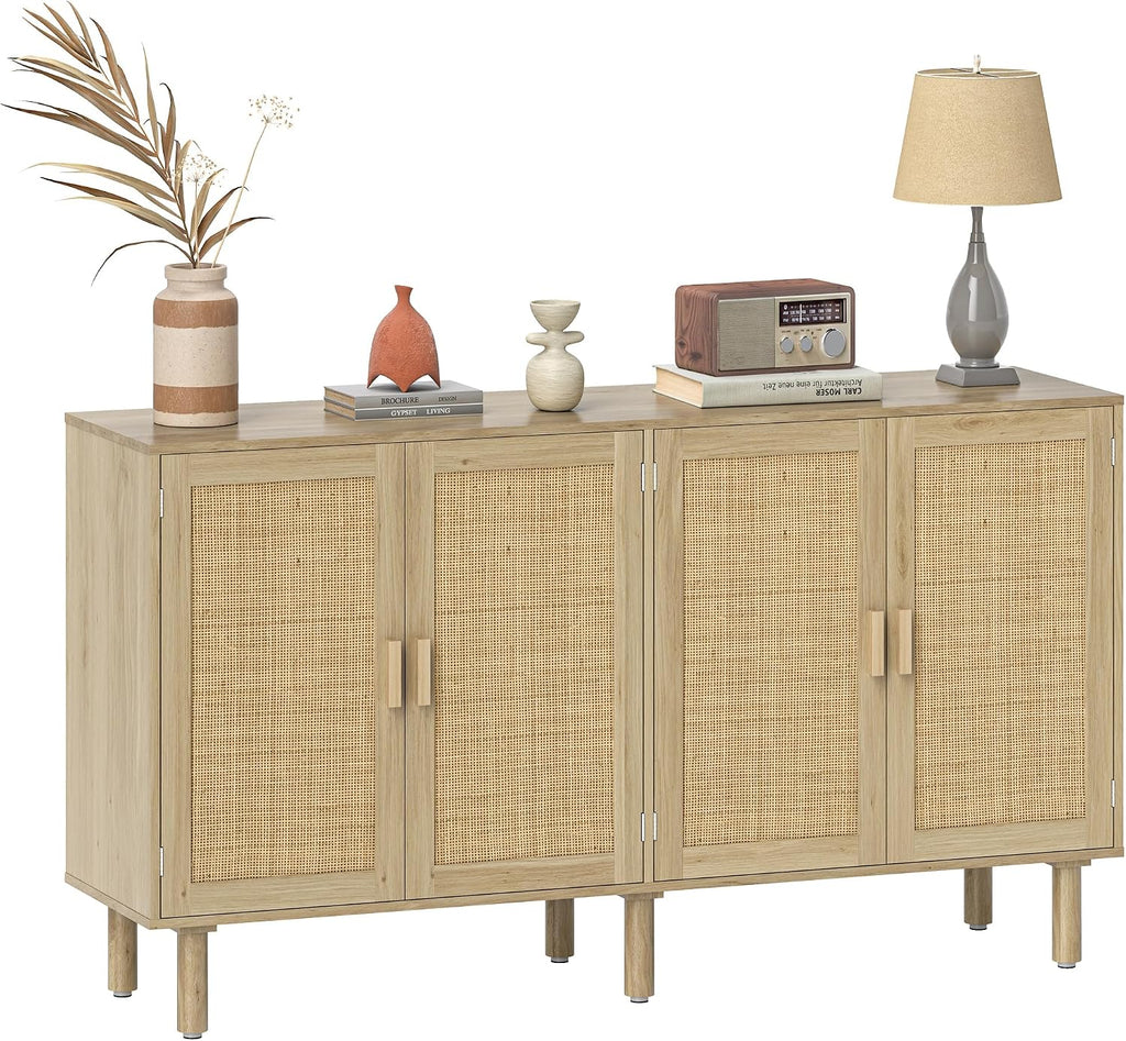 HOMCOM Sideboard Buffet Cabinet, 62" Boho Buffet Table, Rattan Coffee Bar Cabinet with 4 Doors and Shelves for Kitchen, Living Room, Entryway, Natural