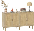 HOMCOM Sideboard Buffet Cabinet, 62" Boho Buffet Table, Rattan Coffee Bar Cabinet with 4 Doors and Shelves for Kitchen, Living Room, Entryway, Natural