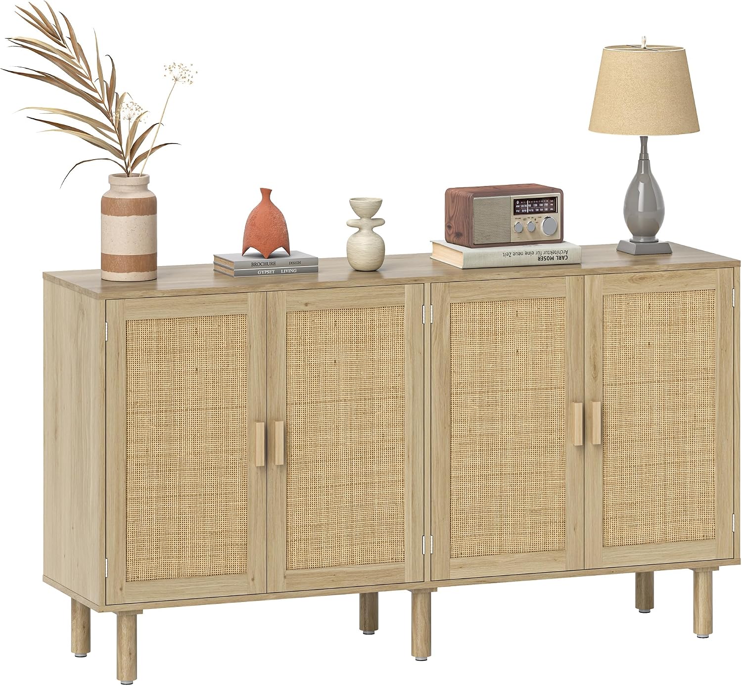 HOMCOM Sideboard Buffet Cabinet, 62" Boho Buffet Table, Rattan Coffee Bar Cabinet with 4 Doors and Shelves for Kitchen, Living Room, Entryway, Natural