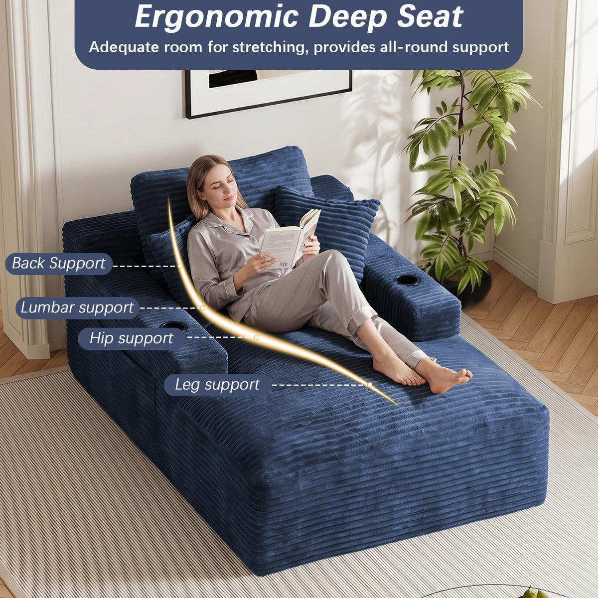 50" x 76" Corduroy Chaise Lounge Sofa Bed with Cup Holders, Blue | Extra-long corduroy chaise with deep sleeper seating, built-in cup holders, and 3 pillows for lounging or overnight rest.
