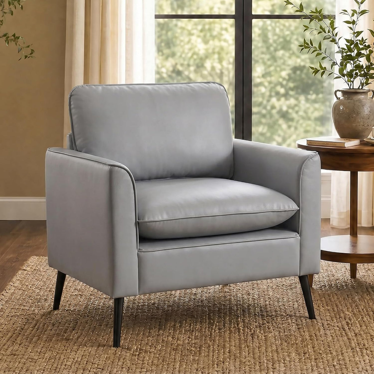Faux Leather Accent Chair, Office Armchairs with Metal Legs (Grey, 1)