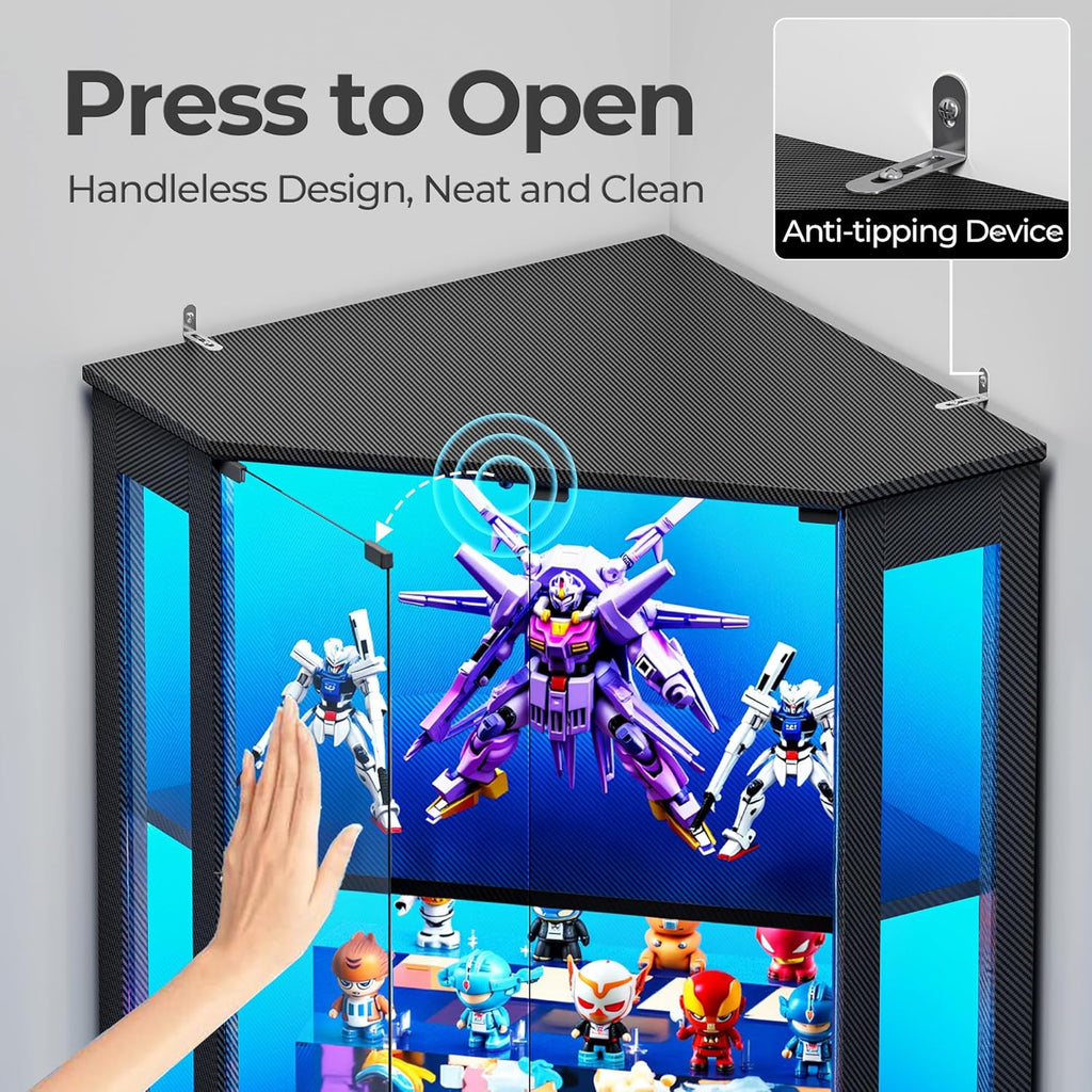 IRONCK 71" Carbon Fiber Corner Glass Display Cabinet, RGB LED Lights with Remote & APP Control, Human Body Sensor, 4-Tier Tempered Glass Display Case with 2 Adjustable Shelves for Collectibles, Black