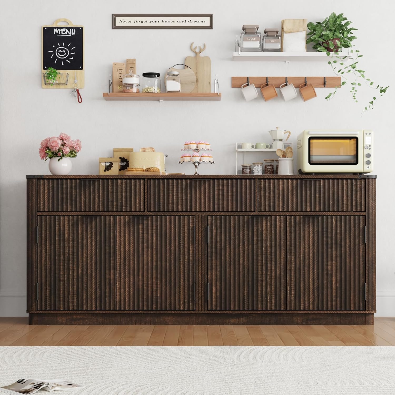70” Rounded Edge Large Sideboard Buffet Cabinet with 3 Storage Drawers,Farmhouse Kitchen Fluted Sideboard Cabinet w 4 Door Shelves,Wood Coffee Bar Cabinets,Kitchen Pantry (Rustic Brown)