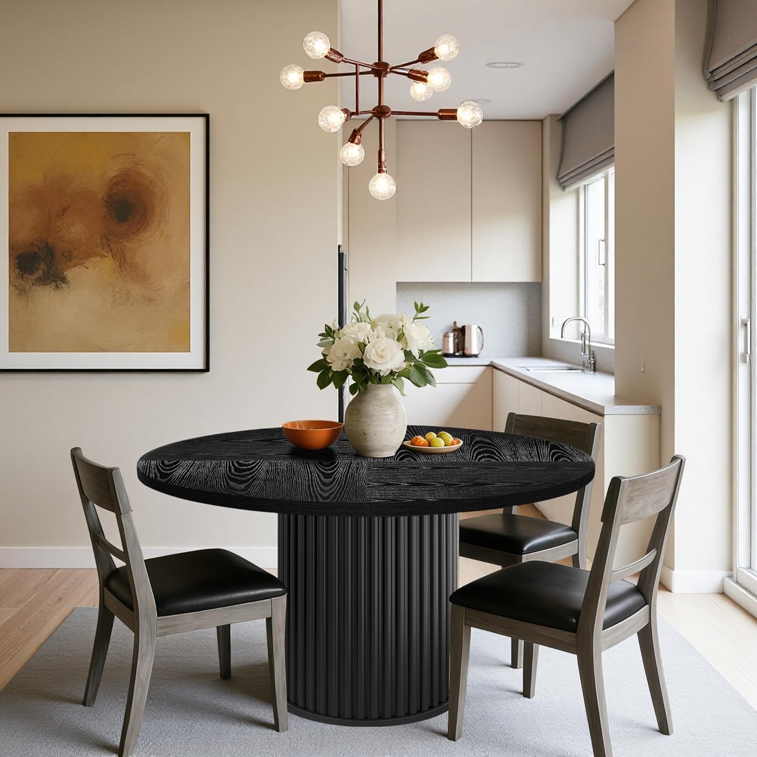 Oigavfd Black Round Dining Table for 4, 47" Circle Dining Table,with MDF Top and Fluted Base,Round Kitchen Tables,Sturdy 300 Lbs for Family Gatherings