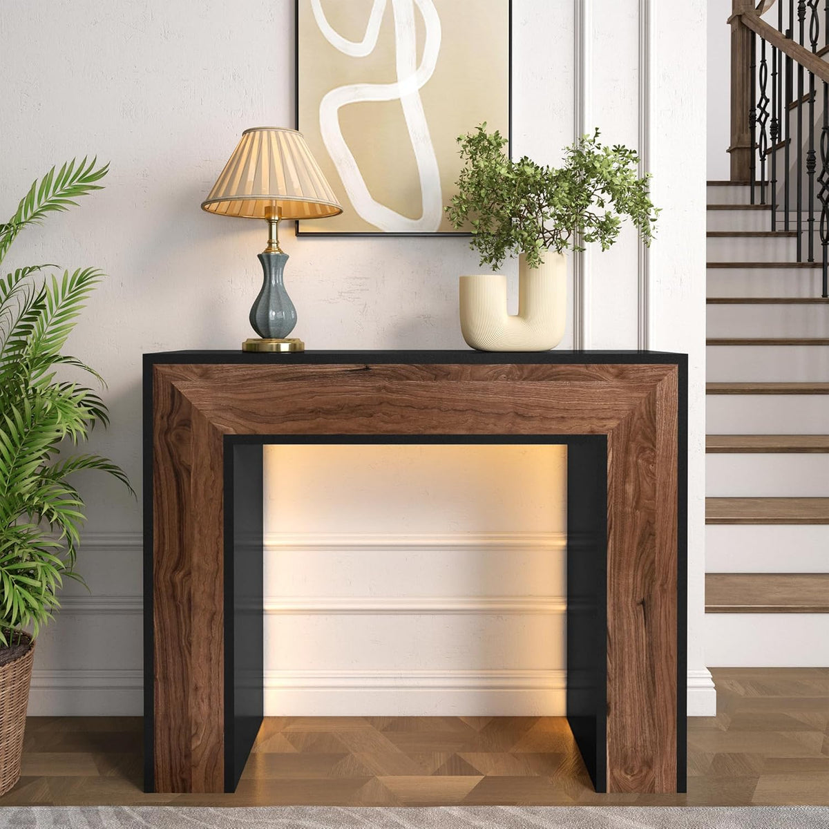 41" Entryway Table with LED Light, Farmhouse Wood Console Table Behind Couch, Rustic Narrow Sofa Table for Living Room, Rustic Wood Entry Table for Entryway, Hallway, Foyer, Black/Walnut
