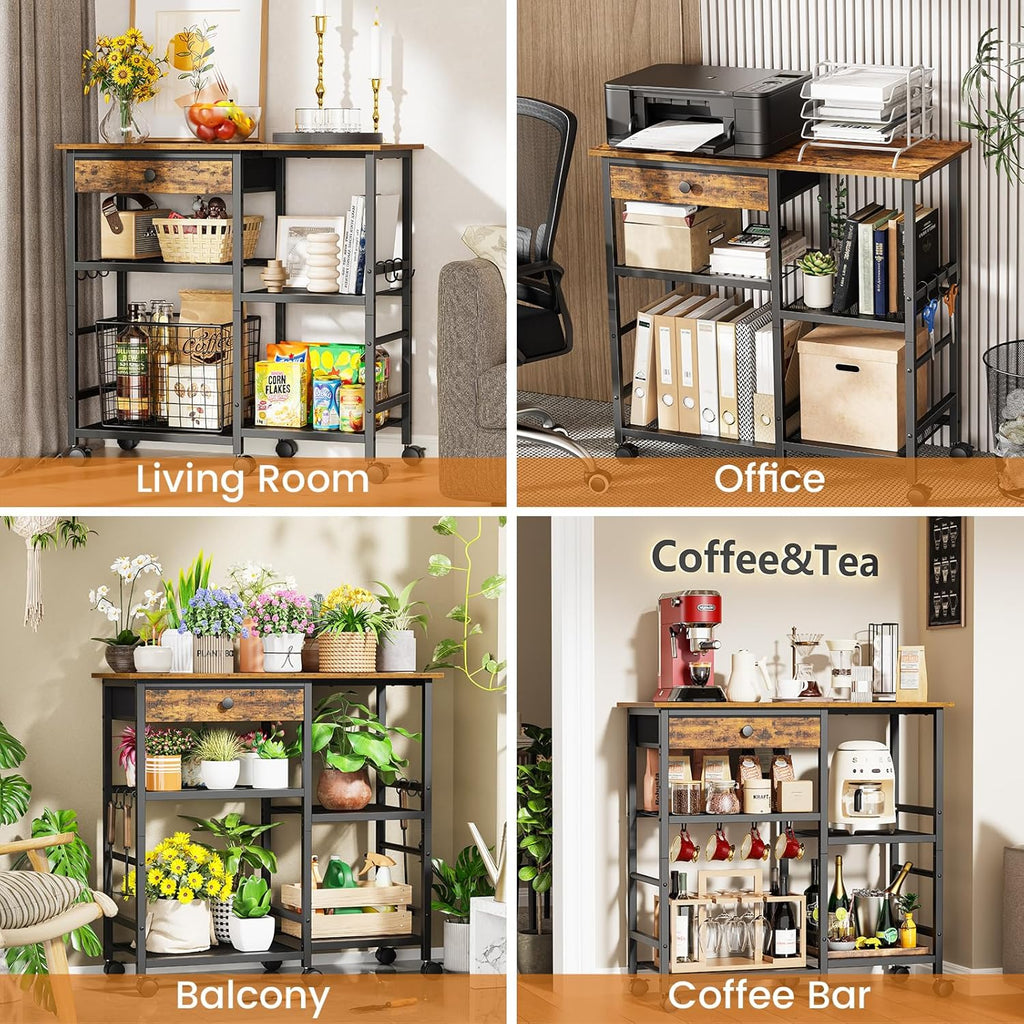 Microwave Stand, Coffee Cart, Microwave Cart with Wheels & Adjustable Shelf | Coffee Bar Table Station, Rolling Storage Cart Organizer Shelf for Living Room, Kitchen Island, Office, Rustic Brown