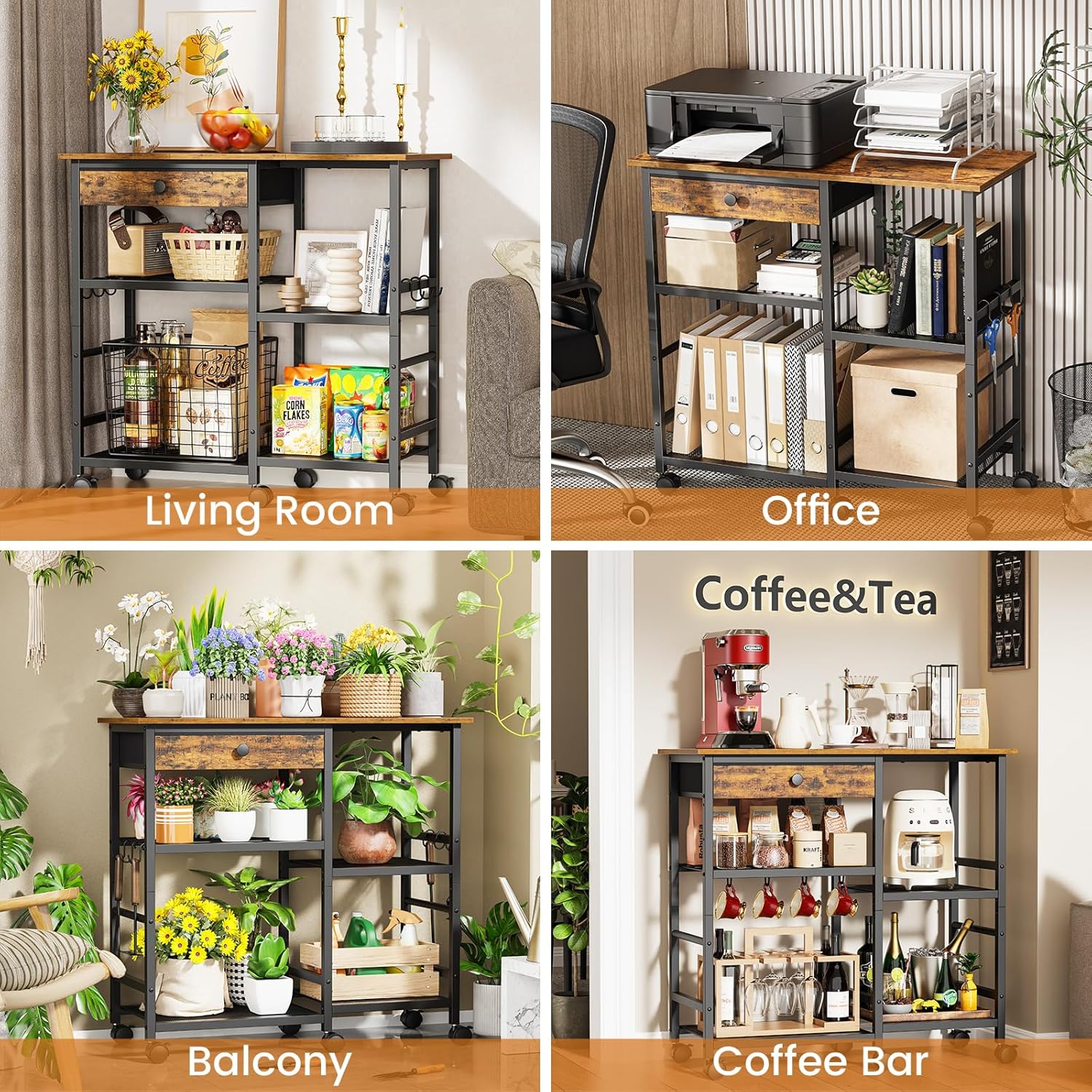 Microwave Stand, Coffee Cart, Microwave Cart with Wheels & Adjustable Shelf | Coffee Bar Table Station, Rolling Storage Cart Organizer Shelf for Living Room, Kitchen Island, Office, Rustic Brown