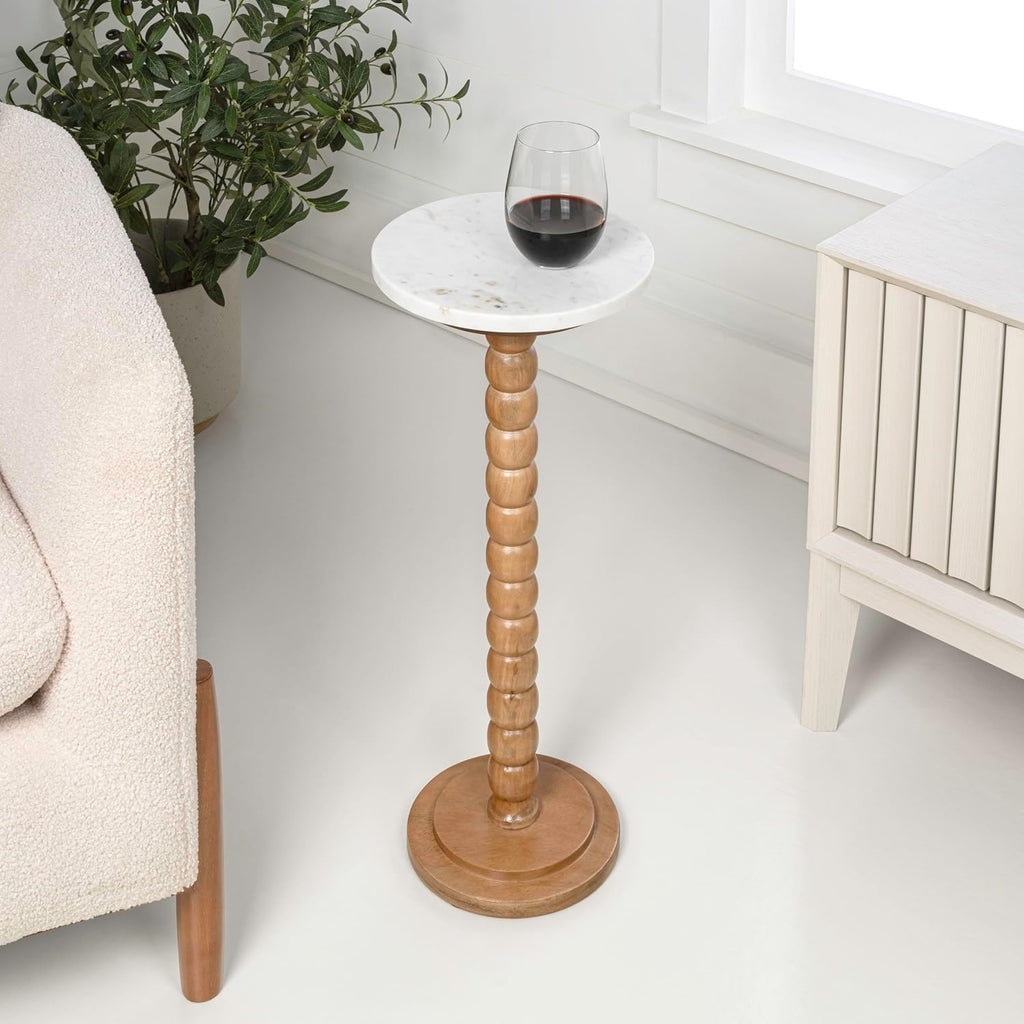 JONATHAN Y Monroe Wood and Marble Round Drink Table with Bobbin Spool Pedestal Base, 24.25" Tall Modern Accent Martini Table for Small Spaces, Living Room, Bedroom, Natural and White END3005B