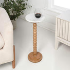 JONATHAN Y Monroe Wood and Marble Round Drink Table with Bobbin Spool Pedestal Base, 24.25" Tall Modern Accent Martini Table for Small Spaces, Living Room, Bedroom, Natural and White END3005B