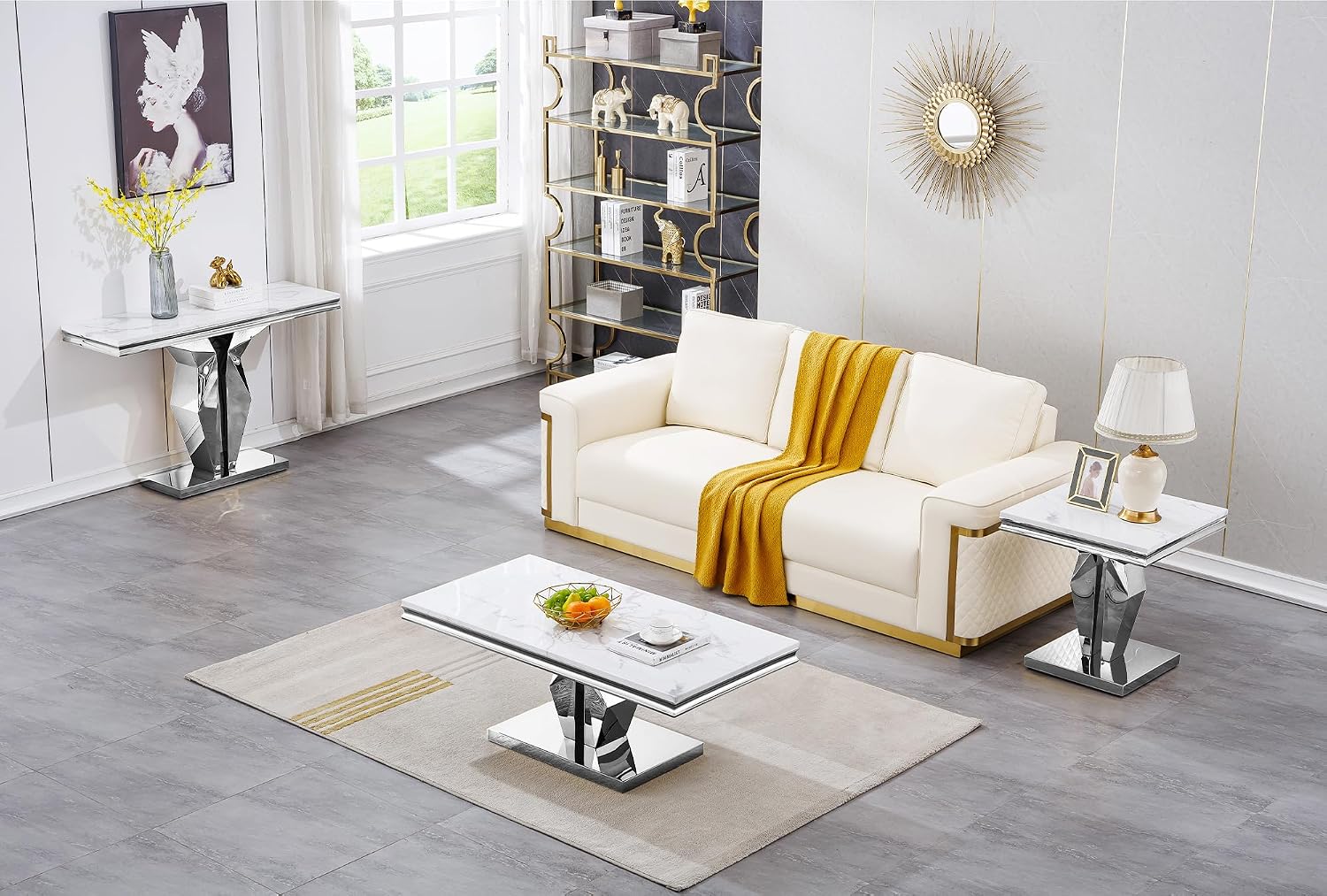 SSLine Modern White Faux Marble Console Table Luxury Entryway Table with Silver Pedestal Base 46.8" Mid-Century Elegant Sofa Table w/Mirrored Stainless Steel Frame for Living Room Hallway