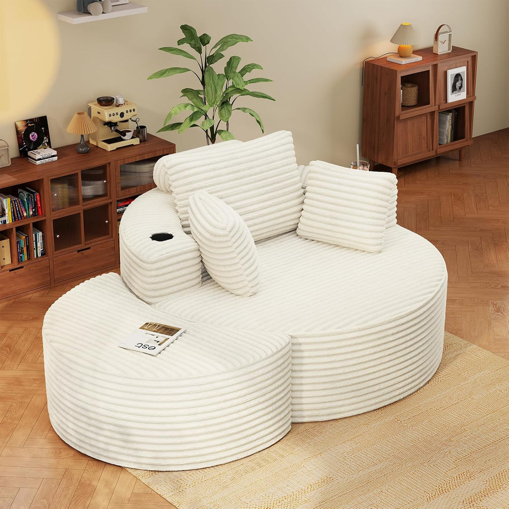 Round Chaise Lounge with Ottoman, Cloud Corduroy Curved Reading Lounge Sofa Chair with Cup Holders, Circle Memory Foam Chaise Chair and Ottoman Set for Study, Living Room, Sunroom, Beige
