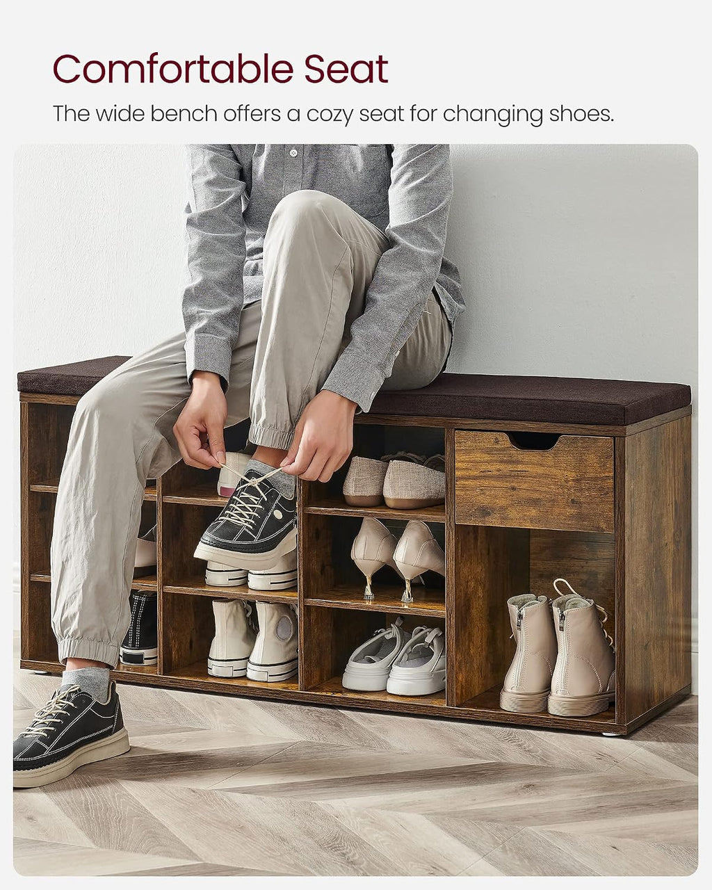 VASAGLE CUSTOS Collection - Storage Bench, Entryway Bench with Cushion, Drawer and Open Compartments, Bench with Storage, Living Room, Bedroom, Closet, Rustic Brown and Chestnut Brown ULHS024T01