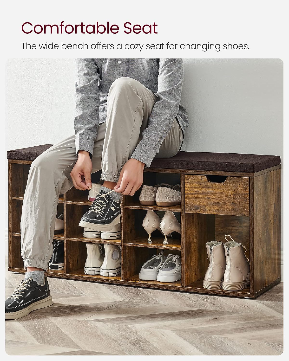 VASAGLE CUSTOS Collection - Storage Bench, Entryway Bench with Cushion, Drawer and Open Compartments, Bench with Storage, Living Room, Bedroom, Closet, Rustic Brown and Chestnut Brown ULHS024T01