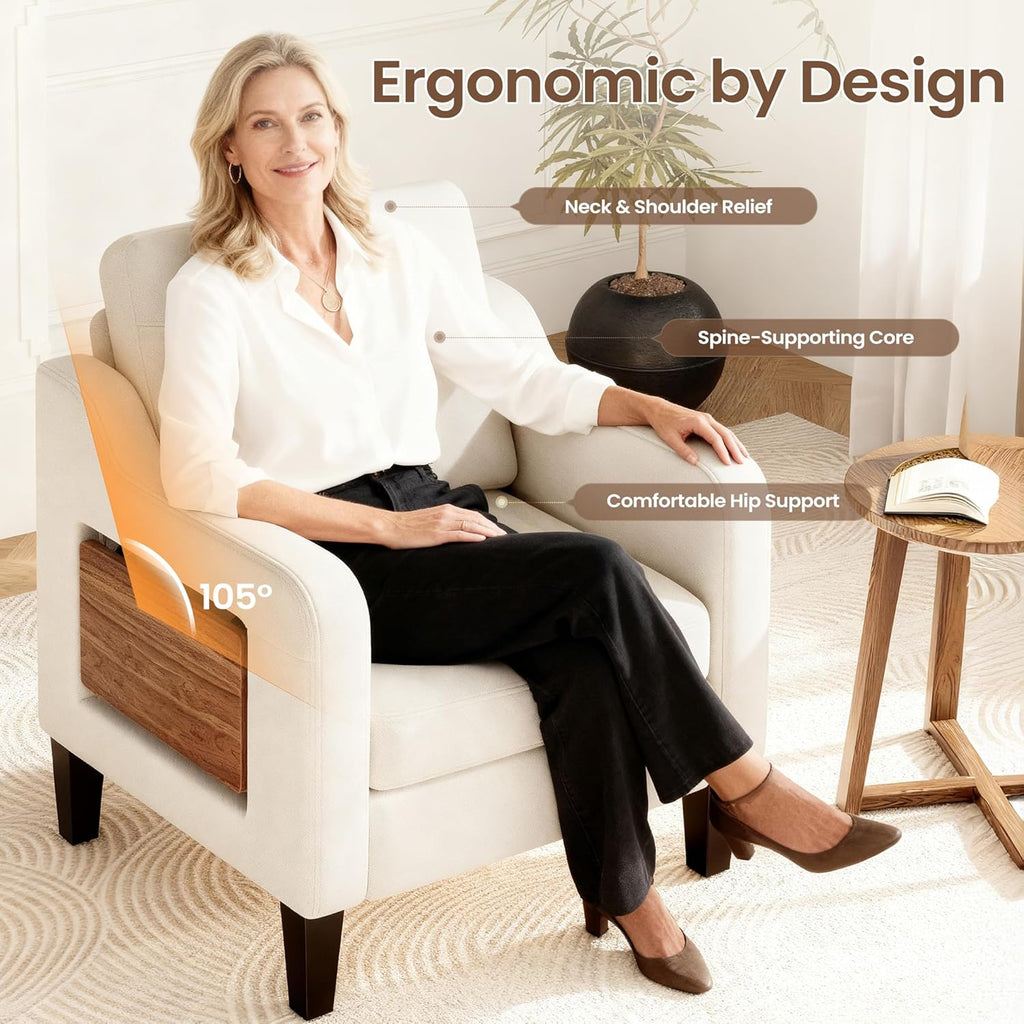Upholstered Accent Chair with Foldable Side Table for Living Room | 2 Side Pockets, Modern Linen Armchair Wooden Fabric Chairs for Living Room, Comfy Reading for Bedroom/Office