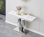 SSLine Modern White Faux Marble Console Table Luxury Entryway Table with Silver Pedestal Base 46.8" Mid-Century Elegant Sofa Table w/Mirrored Stainless Steel Frame for Living Room Hallway